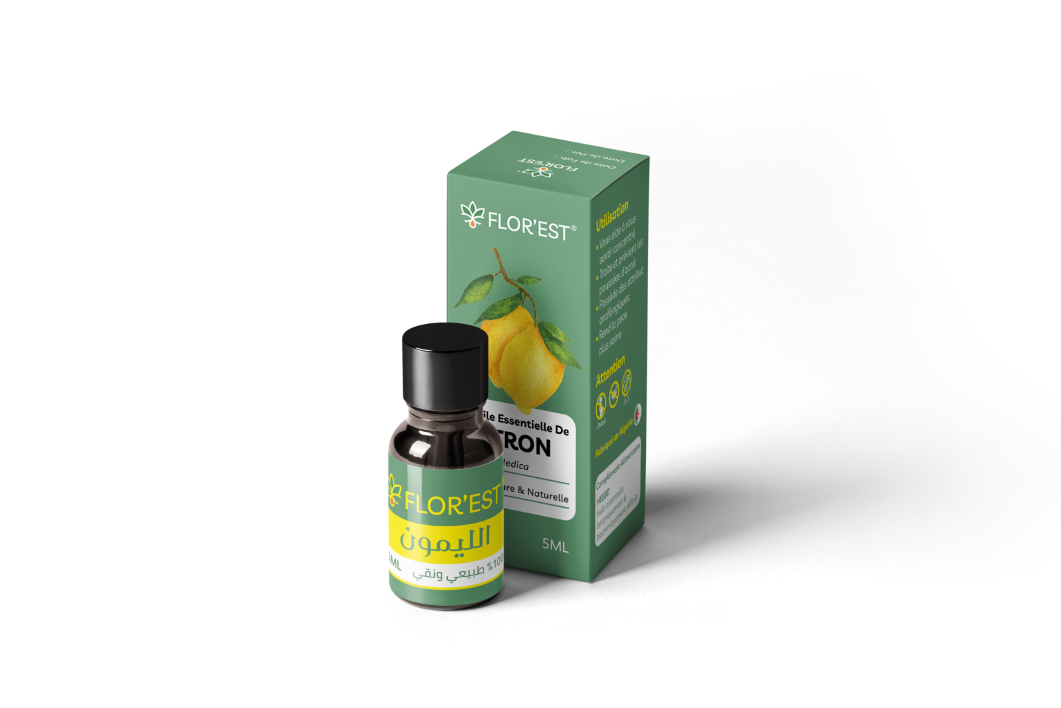 a small green bottle of lemon essential oil